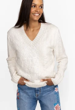New Johnny Was Crochet Patched Sweater White