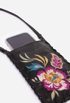 Johnny Was Floreale Whipstitch Italian Leather Cell Phone Crossbody Black