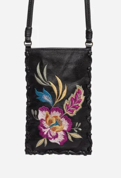Johnny Was Floreale Whipstitch Italian Leather Cell Phone Crossbody Black