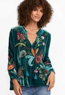 Discount Johnny Was Isabella Velvet Field Blouse Deep Teal