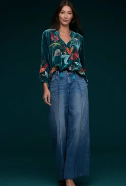 Discount Johnny Was Isabella Velvet Field Blouse Deep Teal