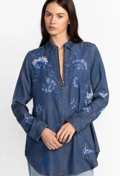 Hot Johnny Was Jazmine Zipup Shirt Tunic Denim Blue