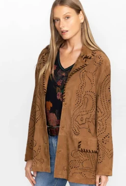 Sale Johnny Was Laser Cut Suede Whipstitch Blazer Gold