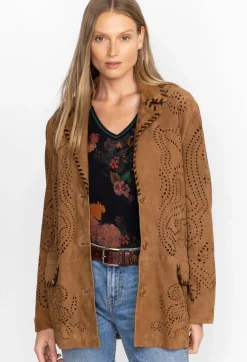 Sale Johnny Was Laser Cut Suede Whipstitch Blazer Gold
