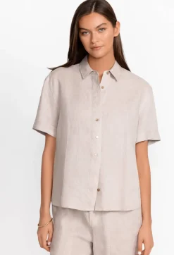Sale Johnny Was Linen Cuff Sleeve Camp Shirt Silver Cloud
