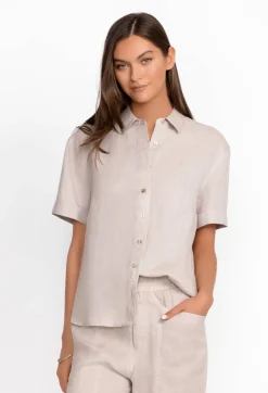 Sale Johnny Was Linen Cuff Sleeve Camp Shirt Silver Cloud