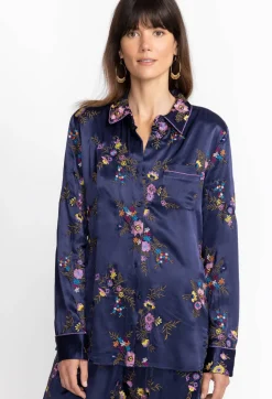 Johnny Was Misty Rayon Button Down Shirt Sapphire Blue