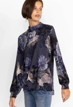 Johnny Was Puff Sleeve Mock Neck Grey Peony