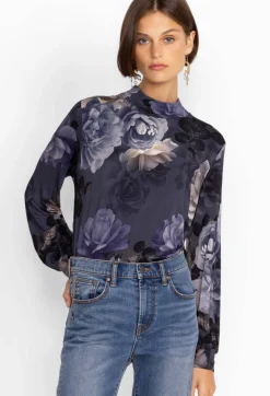 Johnny Was Puff Sleeve Mock Neck Grey Peony