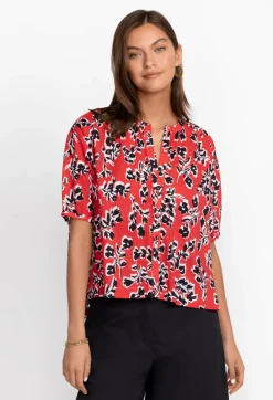 Discount Johnny Was Shirred Neck Button Down Blouse Poppy Red Garden Vines