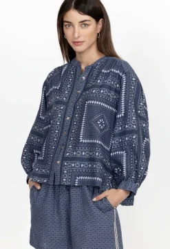 New Johnny Was Shirred Yoke Blouse Patched Ikat