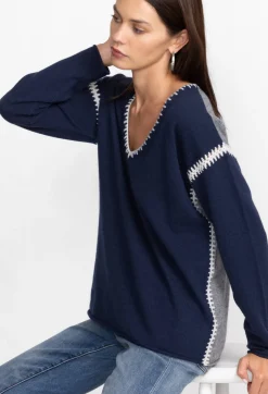 Outlet Johnny Was The Whipstitch V Neck Pullover - Color Block Navy