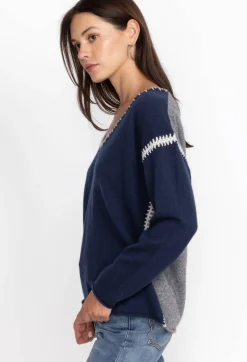 Outlet Johnny Was The Whipstitch V Neck Pullover - Color Block Navy