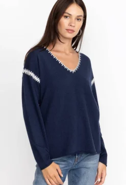 Outlet Johnny Was The Whipstitch V Neck Pullover - Color Block Navy