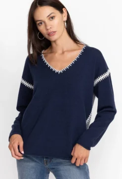 Outlet Johnny Was The Whipstitch V Neck Pullover - Color Block Navy