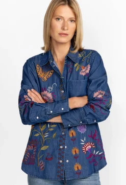 Johnny Was Toni Relaxed Denim Pocket Shirt Denim Blue