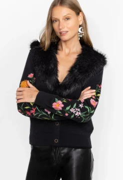 Discount Johnny Was Vista Faux Fur Collar Cardigan Black